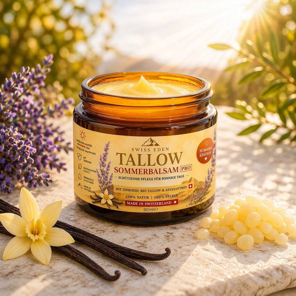 Tallow Sommerbalsam PRO mit Bio-Tallow, Zinkoxid und Astaxanthin – natürliche Pflege für trockene und empfindliche Haut bei Sonne und Outdoor